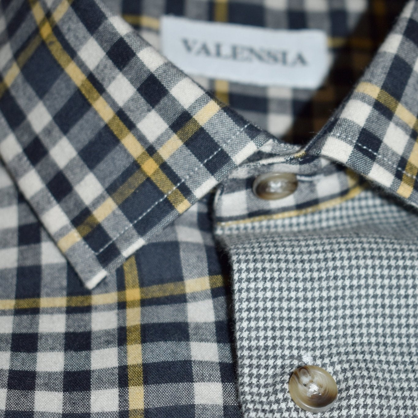 Camicia patchwork pied de poule e check in cotone dettaglio collo- Valensia
