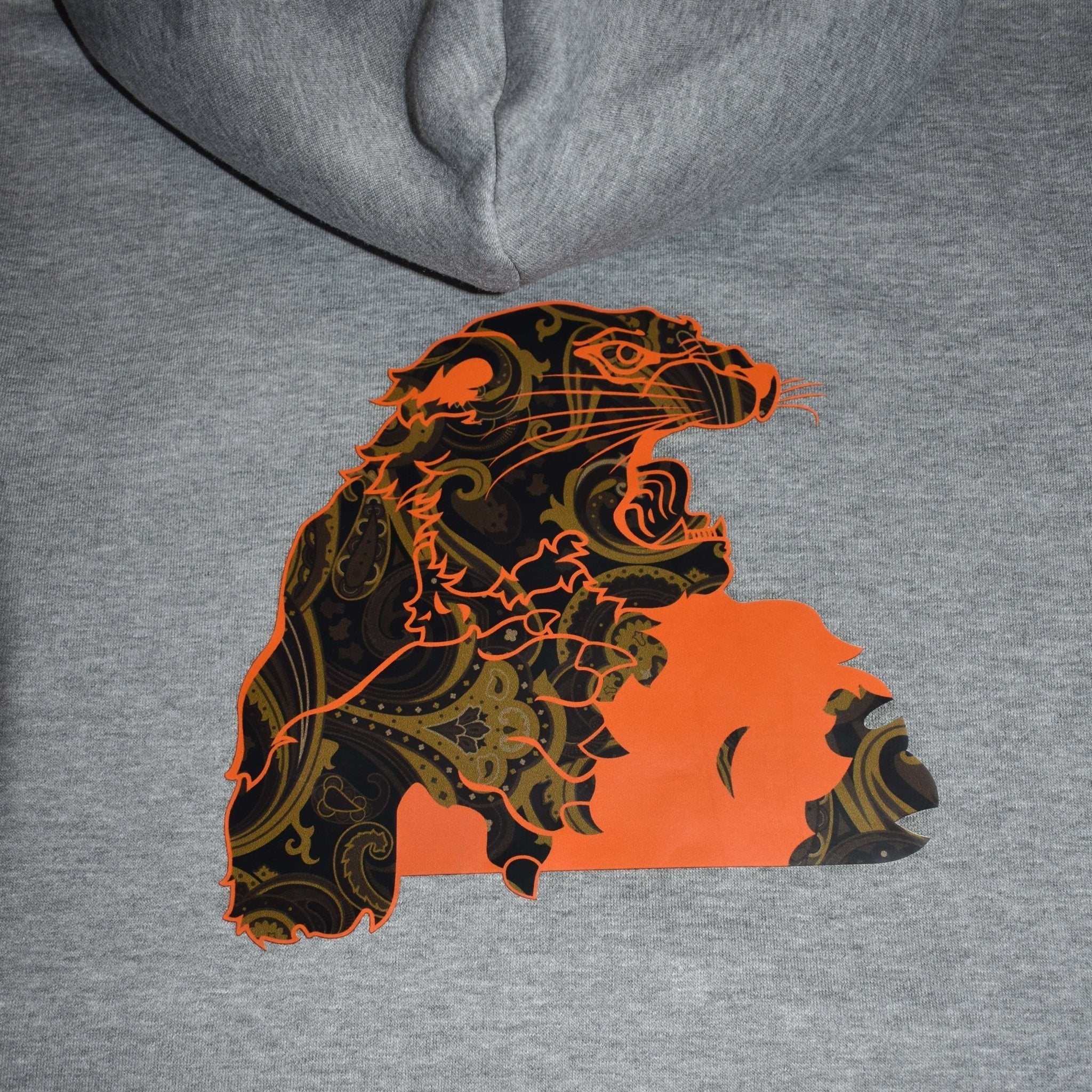 Felpa grigio melange cappuccio giaguaro paisley dettaglio stampa giaguaro paisley- VALENSIA MODA